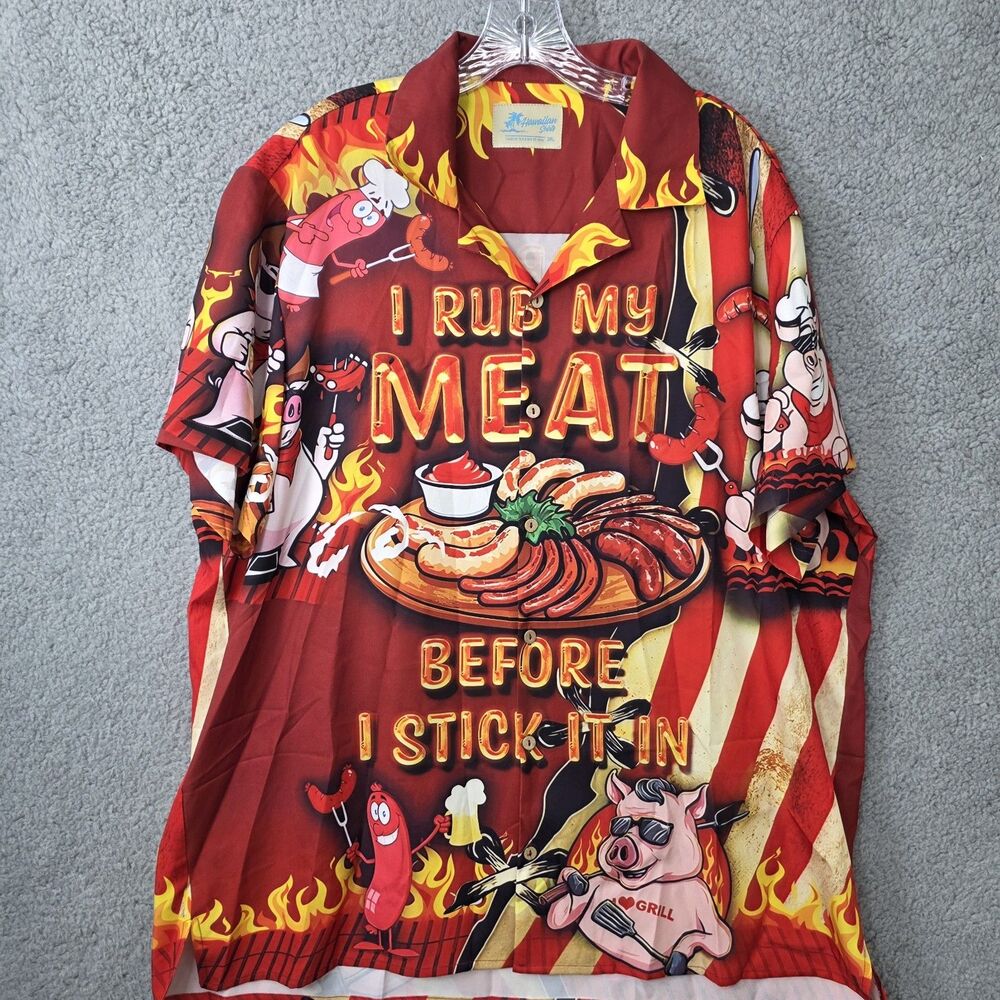 I Rub My Meat barbecue hot links button-front Hawaiian shirt Size 3XL